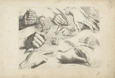 Studienblatt mit Zeichenbeispielen: Hände und Porträt von Hendrick Goltzius