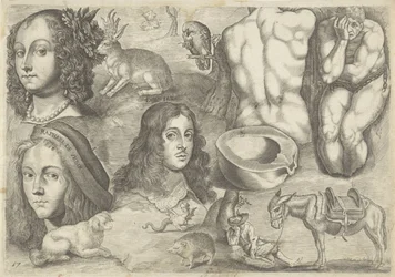 Studienblatt mit Zeichenbeispielen: Köpfe, Tiere, Figuren
