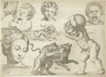 Studienblatt mit Zeichenbeispielen: Köpfe und kämpfende Tiere (Serie)