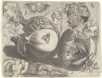 Studienblatt mit Zeichenbeispielen: Köpfe, Figuren, Früchte, Tiere
