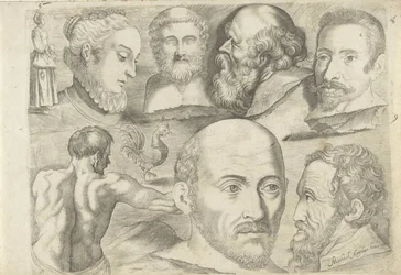 Studienblatt mit Zeichenbeispielen: stehende Figur, Hahn und Köpfe