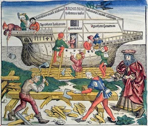 Der Bau der Arche Noah, aus der Nürnberger Chronik von Hartmann Schedel, 1493
