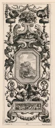 Ornamentales Panel mit einem Korb voller Blumen und einer Girlande, Tafel 10 aus dem Livre de Diverses Grotesques peintes dans le Cabinet et Bains de la Reyne Regente, au Palais Royale