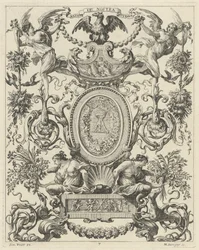 Ornamentales Panel mit einem Adler und dem Motto NATOS ET NOSTRA TUEMUR
