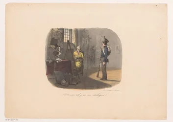 Soldat steht Modell für Maler in seinem Atelier