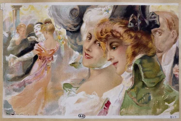 Frauen auf einem Maskenball - Chromolithographie von Simonidy
