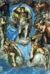 Christus, Detail aus „Das Jüngste Gericht“ in der Sixtinischen Kapelle, 16. Jahrhundert, mit Michelangelos Selbstporträt als heiliger Bartholomäus, der die abgezogene Haut hält