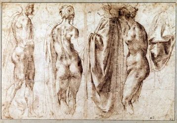 Gruppe von vier stehenden Figuren und ein Vorhang