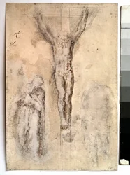 Studie für eine Kreuzigung Darstellung von Christus am Kreuz mit der Jungfrau und dem Heiligen Johannes. Zeichnung von Michelangelo Buonarroti genannt Michelangelo (Michelangelo oder Michel Ange)
