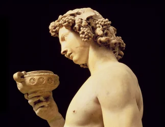 Die Trunkenheit des Bacchus, Detail seines Kopfes, Skulptur von Michelangelo Buonarroti 1475-1564, 1496-97, Marmordetail von 52672