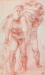 Drei Männer tragen einen Körper; Zeichnung von Michelangelo. Der Louvre, Paris