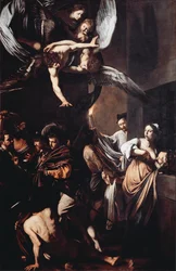 Die sieben Werke der Barmherzigkeit (Sette opere di misericordia). Der zum Hungertod im Gefängnis verurteilte Cimon wird von seiner Tochter Pero an der Brust genährt (Römische Caritas), und im Hintergrund trägt ein Mann eine brennende Fackel, um einen