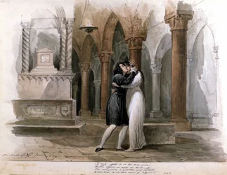 I Capuleti e i Montecchi (Les Capulet et les Montaigu) von Vincenzo Bellini, Aufführung im Fenice-Theater in Venedig. Giuditta Pasta und Giulia Grisi spielen Romeo und Julia. Aquarell von Michele Bisi