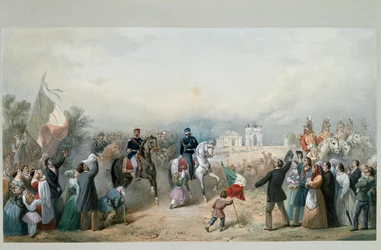 Triumphale Einfahrt des Königs von Sardinien Vittorio Emanuele II und Napoleon III in Mailand am 8. Juni 1859