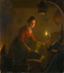Frau in einer Küche bei Kerzenlicht, ca. 1830