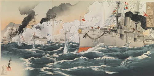 Großer Sieg: Unsere Flotte versenkte zwei russische Schiffe, die Waryag und Korietz, am 9. Februar 1904 im Hafen von Jinsen (Chemulpo)