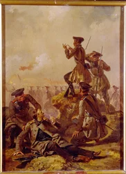 Eine Szene aus dem Krimkrieg (1853-1856). Hinter der Linie der Fronttruppen beobachten Offiziere, darunter ein Verwundeter, das Schlachtfeld. Werk von Mihály Zichy (1827-1906), um 1850. Ungarische Kunst