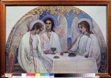Die Gastfreundschaft Abrahams. Die Dreifaltigkeit des Alten Testaments. Darstellung der drei Engel, die Abraham bei der Eiche von Mamre erschienen