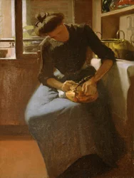 Frau, die einen Kessel poliert, ca. 1912