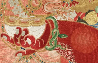 Detail der kaiserlichen bestickten Seiden-Thangka