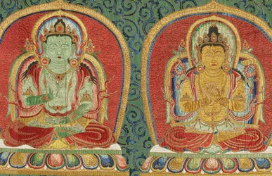 Detail der kaiserlichen bestickten Seiden-Thangka