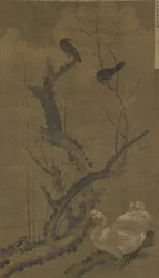 Mynahs, Gänse und blühender Pflaumenbaum