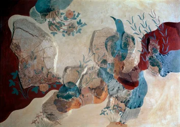 Minoische Kunst: „Blauer Vogel“. Fragment eines Freskos aus dem Haus der Fresken, das einen Vogel zwischen Felsen, wilden Rosen und Schwertlilien zeigt. 1500 v. Chr. Archäologisches Museum Iraklio, Kreta