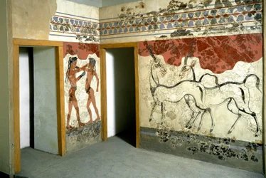 Minoische Kunst: „Tiere und kämpfende Krieger“, Fresko aus Akrotiri auf Santorin. 16. Jahrhundert v. Chr. Athen, Nationales Archäologisches Museum
