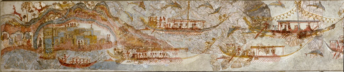 Minoische Kunst: „Seefahrt“ Fresko aus Akrotiri auf Santorini. 16. Jahrhundert v. Chr. Athen, Nationales Archäologisches Museum