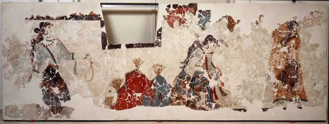 Minoische Zivilisation: Frauen beim Gottesdienst. Fresko aus dem Lustralbecken des Gebäudes Xeste 3 in Akrotiri (Thera), Santorin