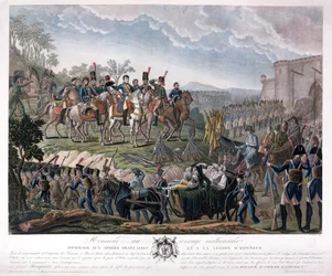 Napoleon zollt dem Mut der Besiegten während der Kapitulation von Ulm, 20. Oktober 1805, Tribut (Farbstich)