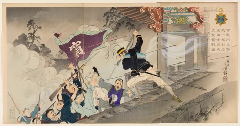 Der erste Held Harada Jūkichi kämpft heftig beim Angriff auf das Hyeonmu-Tor in Pjöngjang