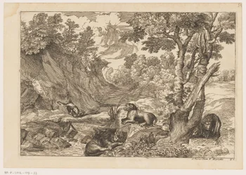 Landschaft mit dem reuigen Hieronymus und drei ruhenden Löwen