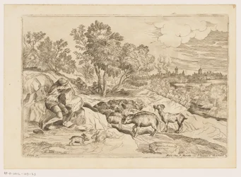 Landschaft mit drei ruhenden Hirten bei einer Herde