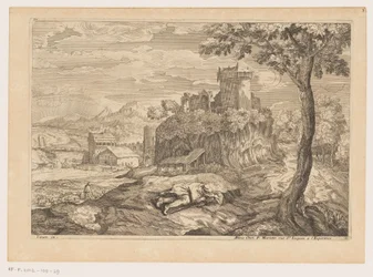 Landschaft mit ruhendem Hirten, im Hintergrund ein Fluss mit Brücke und Wassermühle