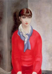 Kiki de Montparnasse in einem roten Pullover und einem blauen Schal