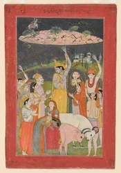 Krishna hält den Berg Govardhan, Pahari-Schule