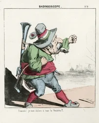 Flugblatt, Nummer 5, satirisch in Farben, ca. 1870: Badingoskop - Kommune von Paris/Krieg/Belagerung, Jagd, Präsident der Republik - Napoleon III. Illustration von Moloch (1849-1909)