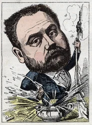 Porträt von Emile Zola (1840-1902), französischer Schriftsteller in Le Trombinoscope von Touchatout, Karikatur von B. Moloch von 1882. Private Sammlung