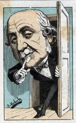 Porträt von Albert, Herzog von Broglie (1821-1901), französischer Historiker und Politiker in „Le Trombinoscope“ von Touchatout, Karikatur von B. Moloch von 1882 (1849-1909). Private Sammlung