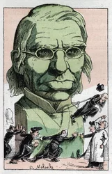 Porträt von Emile Littre (1801-1881), französischer Philologe, Arzt und Politiker in „Le Trombinoscope“ von Touchatout, Karikatur von B. Moloch von 1882 (1849-1909). Private Sammlung