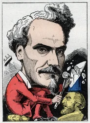 Porträt von Henri de Rochefort (1831-1913) Marquis de Rochefort, Journalist, Politiker und Schriftsteller in „Le Trombinoscope“ von Touchatout, Karikatur von B. Moloch von 1882 (1849-1909). Private Sammlung.