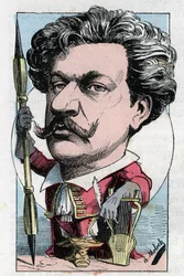 Porträt von Louis Alexandre Gosset de Guines, genannt André Gill (1840-1885), französischer Dichter und Maler in „Le Trombinoscope“ von Touchatout, Karikatur von B. Moloch von 1882 (1849-1909)