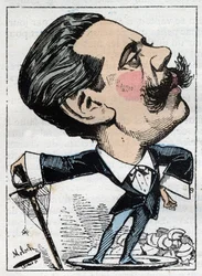 Porträt von Paul Granier de Cassagnac (1842-1902), französischer politischer Journalist in „Le Trombinoscope“ von Touchatout, Karikatur von B. Moloch von 1882 (1849-1909). Private Sammlung.