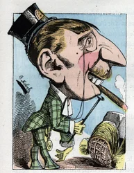 Porträt eines „gummierten“ jungen Mannes mit übertriebener Eleganz und an Lächerlichkeit grenzend (Dandy, elegant, fischig, viskos) in „Le Trombinoscope“ von Touchatout, Karikatur von B. Moloch von 1882 (1849-1909). Private Sammlung.