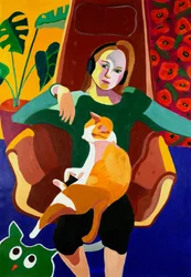 Gemütliches Mädchen und Katze
