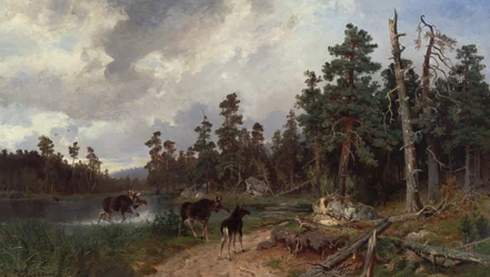 Elche und Jäger im Kiefernwald