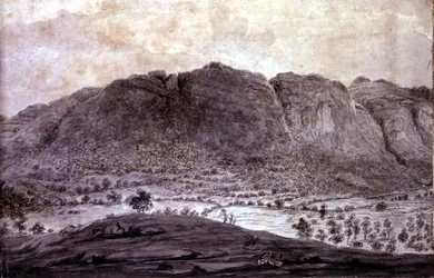 Panoramablick auf Derwentwater und das Tal von Keswick, Detail der Berge, ca. 1772