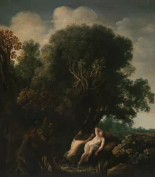 Eine badende Nymphe von einem Satyr überrascht