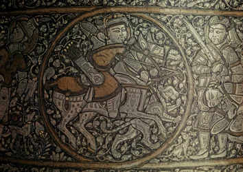MAMLUK-RITTER: Syrische Kunst. Detail eines Beckens namens "Baptisterium von St. Louis"